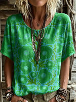 Women's Short-sleeve Crew-neck Cotton-linen T-shirt With Floral Art Print