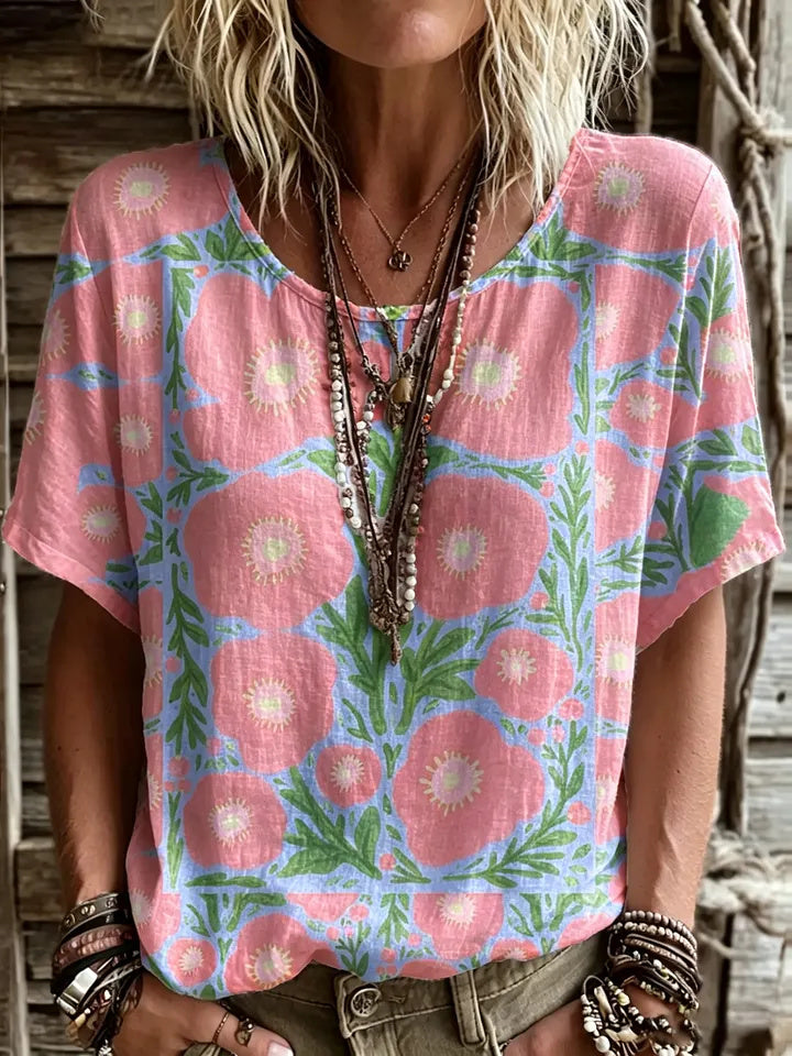 Women's Short-sleeve Crew-neck Cotton-linen T-shirt With Floral Art Print
