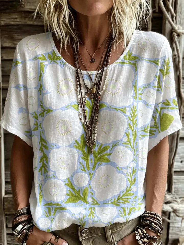 Women's Short-sleeve Crew-neck Cotton-linen T-shirt With Floral Art Print