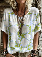 Women's Short-sleeve Crew-neck Cotton-linen T-shirt With Floral Art Print