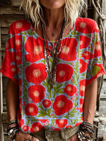 Women's Short-sleeve Crew-neck Cotton-linen T-shirt With Floral Art Print