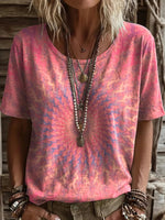 Women's Vintage Ethnic Pink Mandala Art Printed Casual Round Neck Short Sleeve Cotton T-shirt