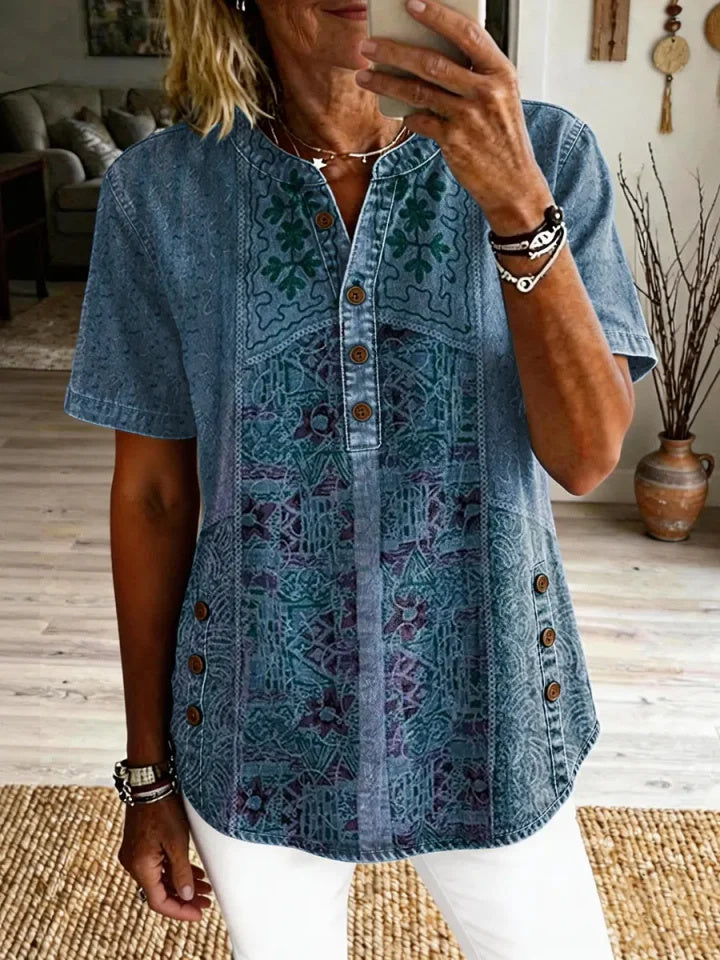 Women's Vintage Ethnic Pattern Art Print Casual Short-sleeve Shirt