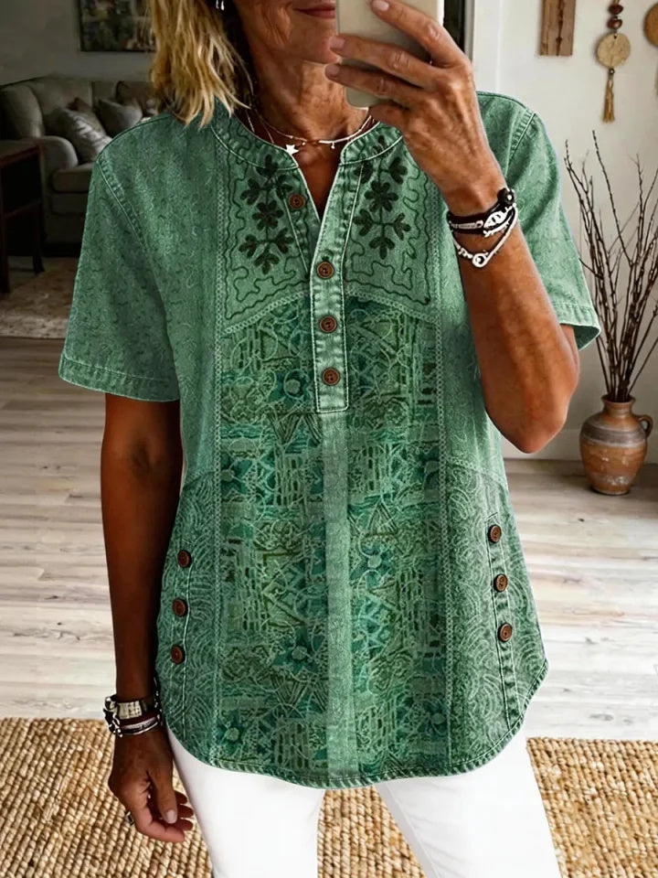 Women's Vintage Ethnic Pattern Art Print Casual Short-sleeve Shirt