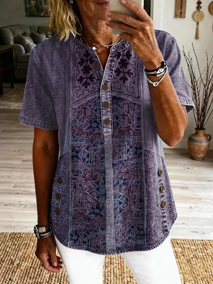 Women's Vintage Ethnic Pattern Art Print Casual Short-sleeve Shirt