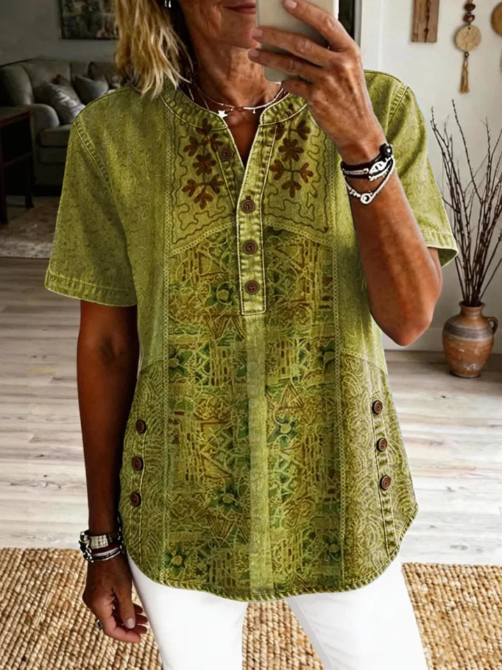 Women's Vintage Ethnic Pattern Art Print Casual Short-sleeve Shirt