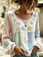 Women's Pastel Floral Print Lace Trim Blouse