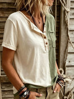 Women's Color-Block Short-Sleeve Henley T-Shirt