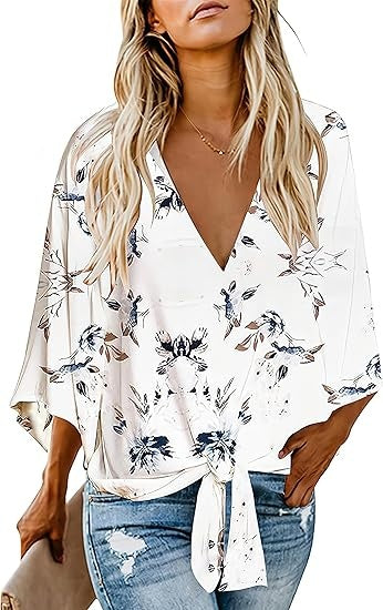 Women's Casual Floral Blouse Batwing Sleeve Loose Fitting Shirts Boho Knot Front Tops
