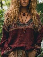 Boho Ethnic Embroidered Long Sleeve Loose Blouse