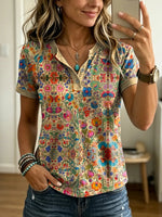 Women's Retro Ethnic Floral Print Casual Short-sleeve T-shirt
