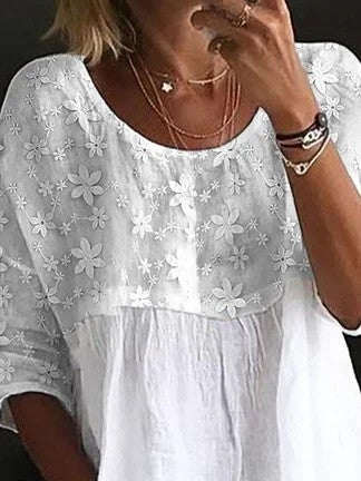 Women's Lace Embroidery PatchworkLoose Crew Neck Split Joint Shirt