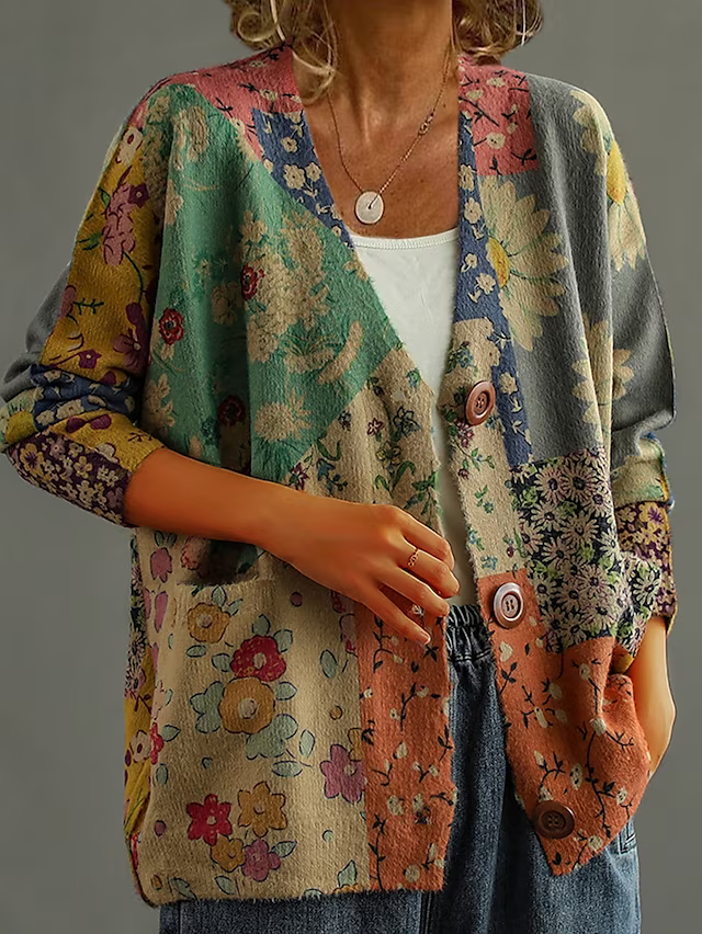 V Neck Casual Long Sleeve Floral Print Sweater Cardigan