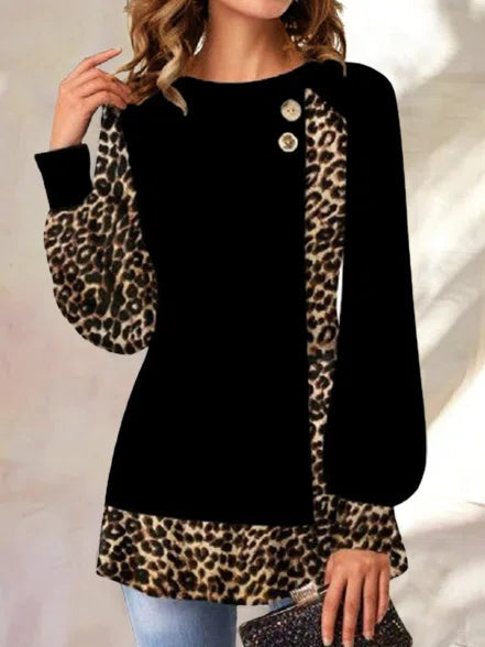 Casual Leopard Print Stitching Long-sleeved Sweatshirt