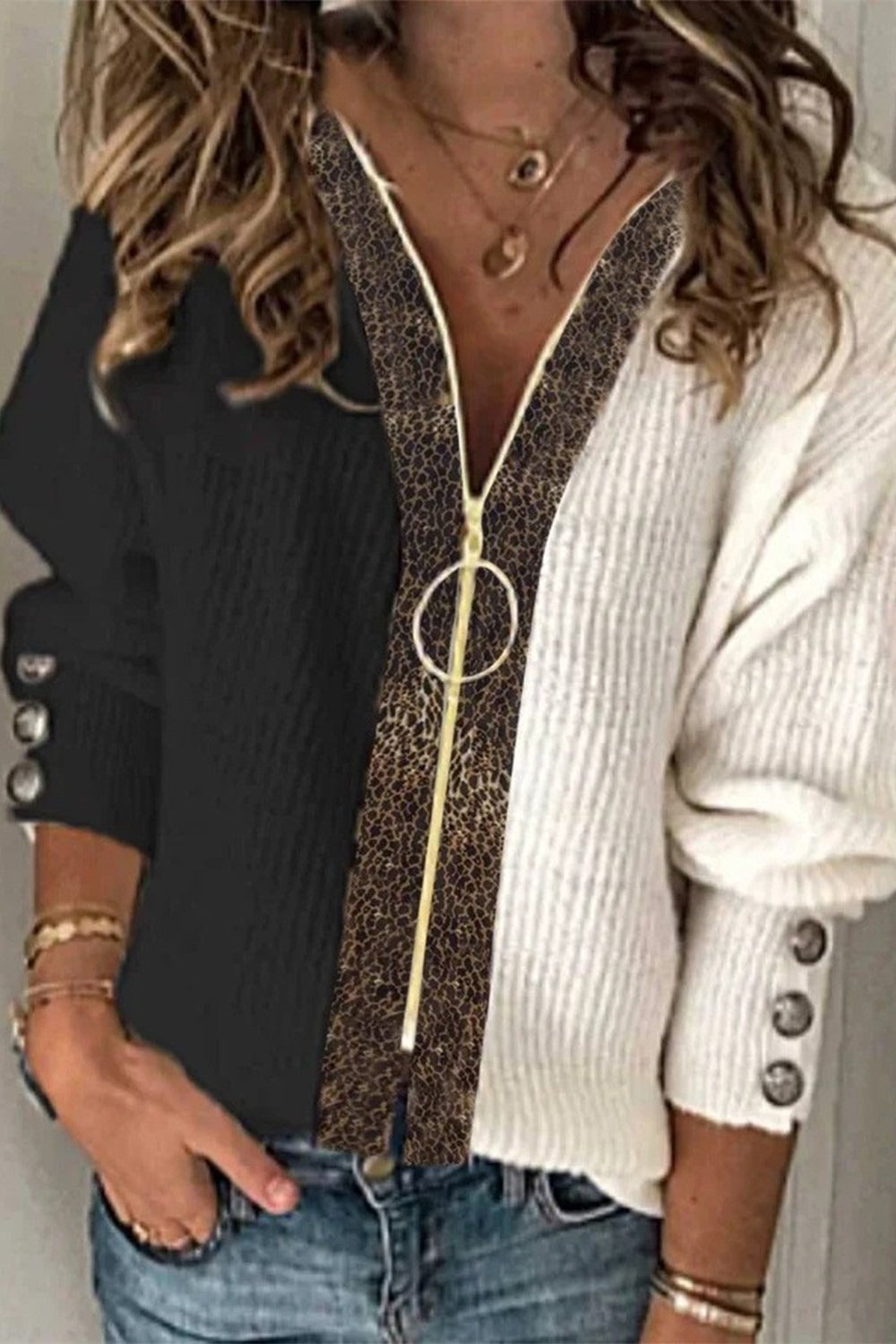 Zipper Leopard Buttons Long Sleeve Sweater