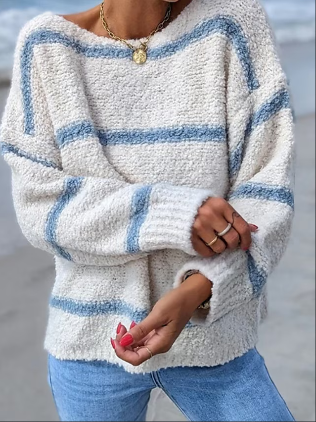 Stripe Print Crew Neck Casual Long Sleeve Pullover Sweater