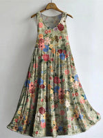 Vintage Floral-embellished Patterned Art Print V Neck Sleeveless Cotton Pocket Dress