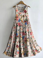 Vintage Floral-embellished Patterned Art Print V Neck Sleeveless Cotton Pocket Dress
