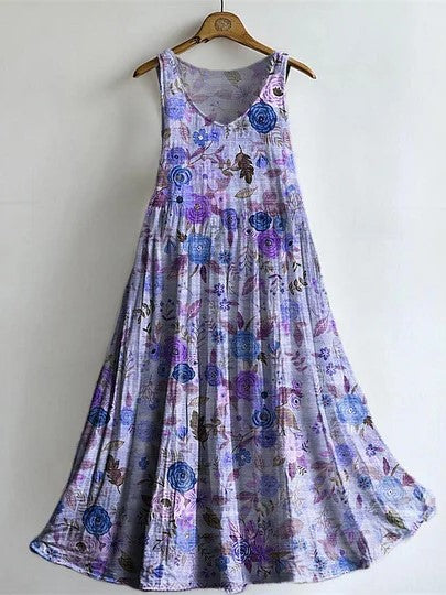 Vintage Floral-embellished Patterned Art Print V Neck Sleeveless Cotton Pocket Dress