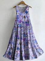 Vintage Floral-embellished Patterned Art Print V Neck Sleeveless Cotton Pocket Dress
