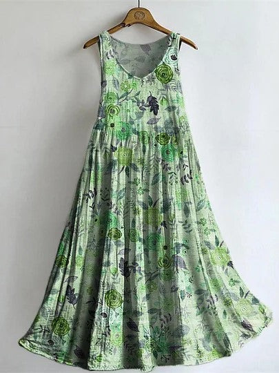 Vintage Floral-embellished Patterned Art Print V Neck Sleeveless Cotton Pocket Dress