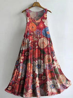 Vintage Floral-embellished Patterned Art Print V Neck Sleeveless Cotton Pocket Dress