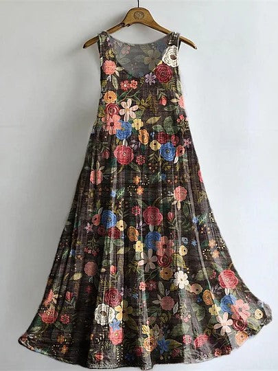 Vintage Floral-embellished Patterned Art Print V Neck Sleeveless Cotton Pocket Dress