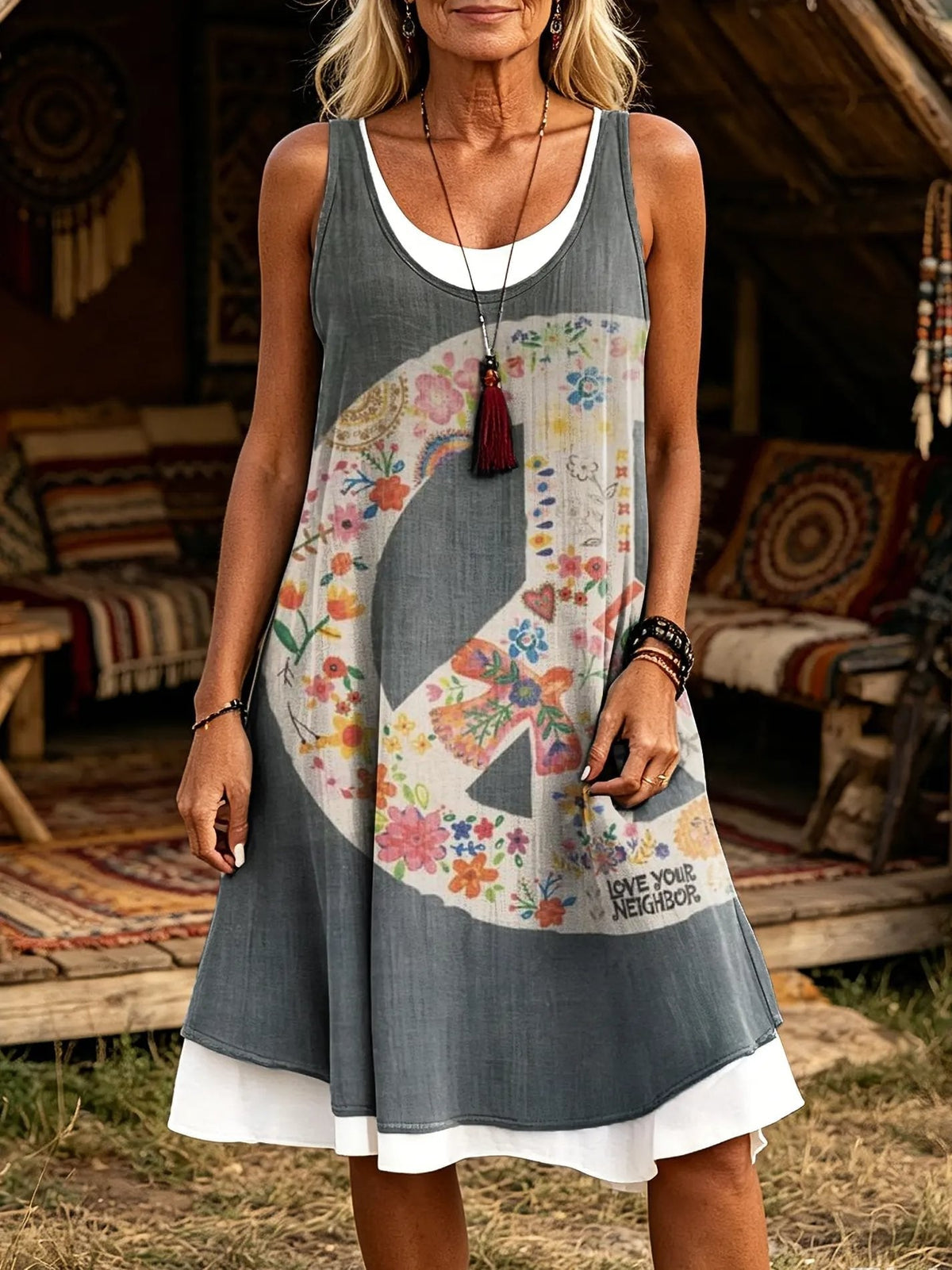 Women's Hippie Peace Sign Floral Print Sleeveless Midi Dress
