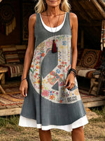 Women's Hippie Peace Sign Floral Print Sleeveless Midi Dress
