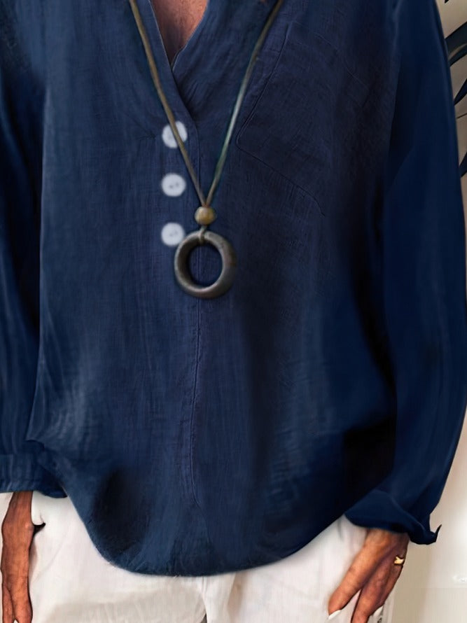 Women Plain Solid Button V Neck Casual Cotton Long Sleeve Blouse