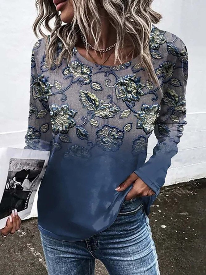 Casual Ethnic Crew Neck Long Sleeve T-shirt