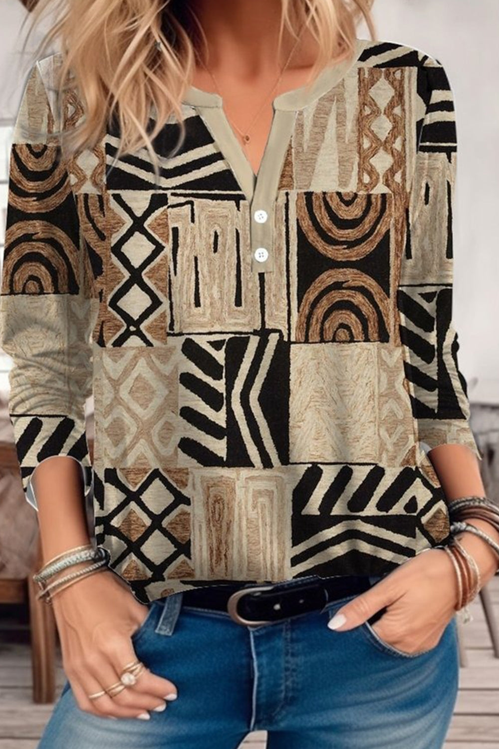Ethnic Print Casual Buttoned V Neck Shirt