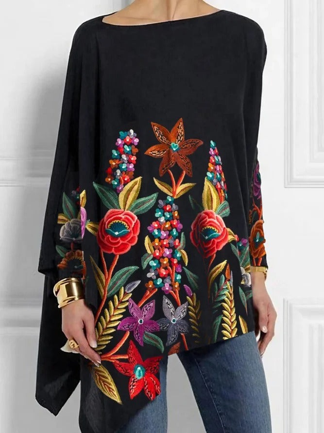 Crew Neck Long Sleeve Abstract Asymmetric Regular Micro-Elasticity Loose Shirt