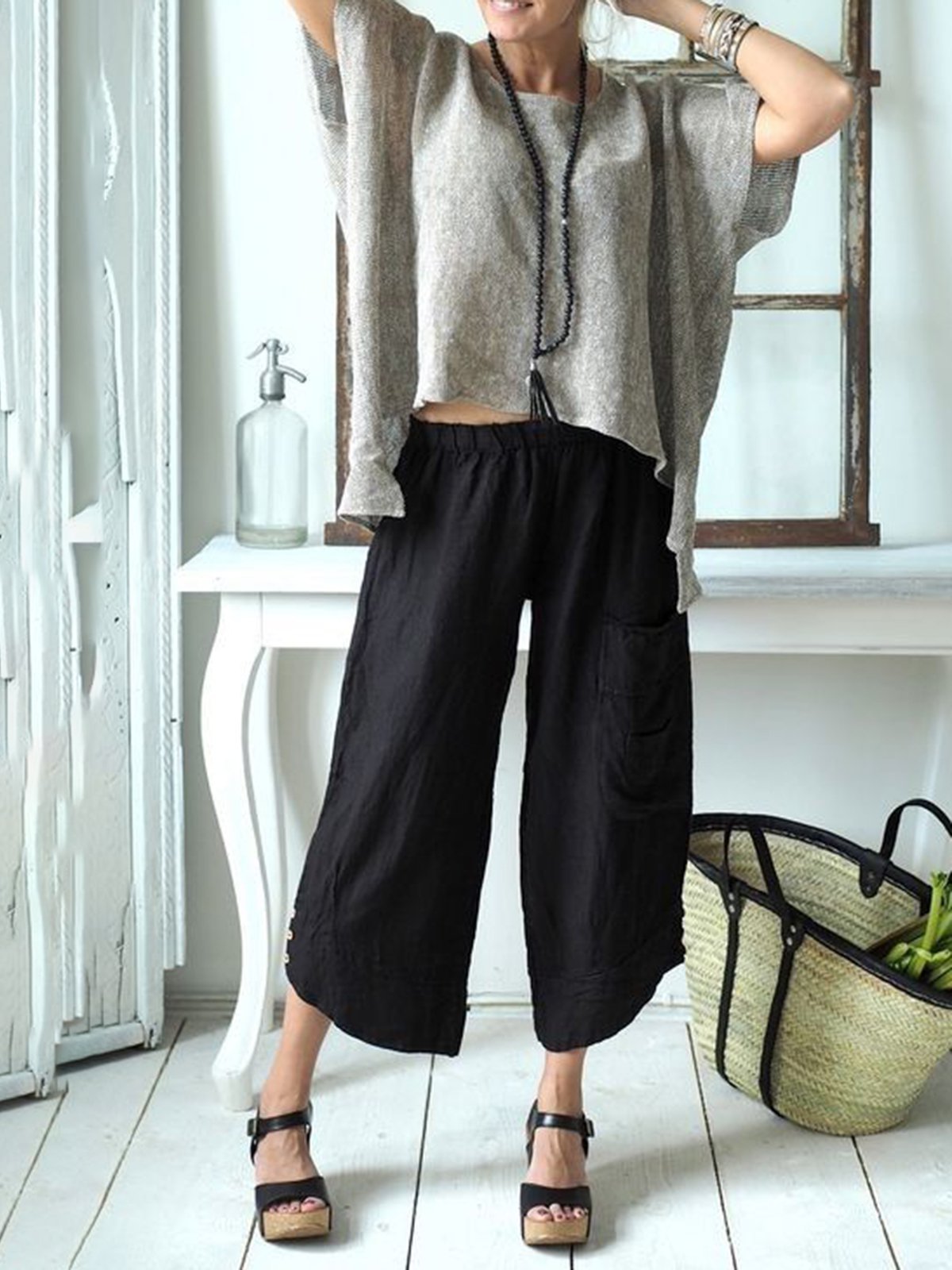 Women's Solid Color Buttons Casual Loose Pants