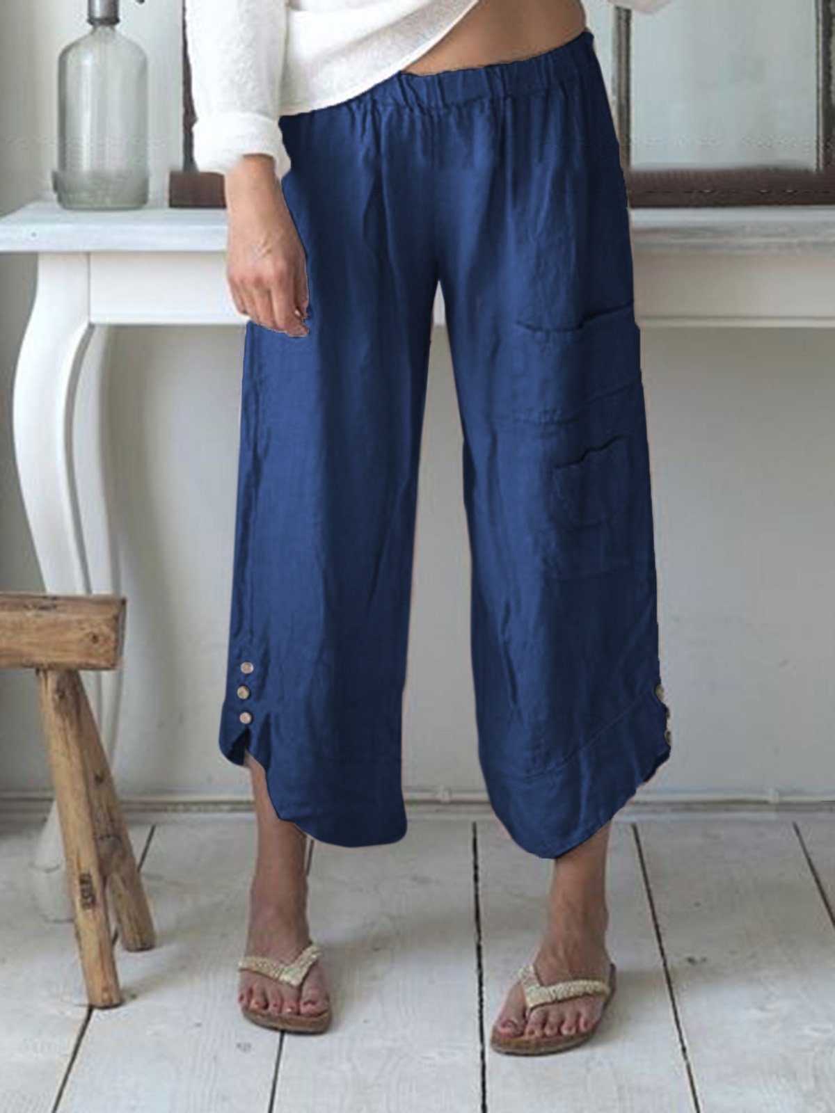 Women's Solid Color Buttons Casual Loose Pants