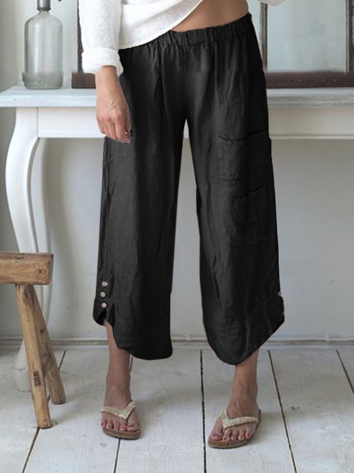 Women's Solid Color Buttons Casual Loose Pants