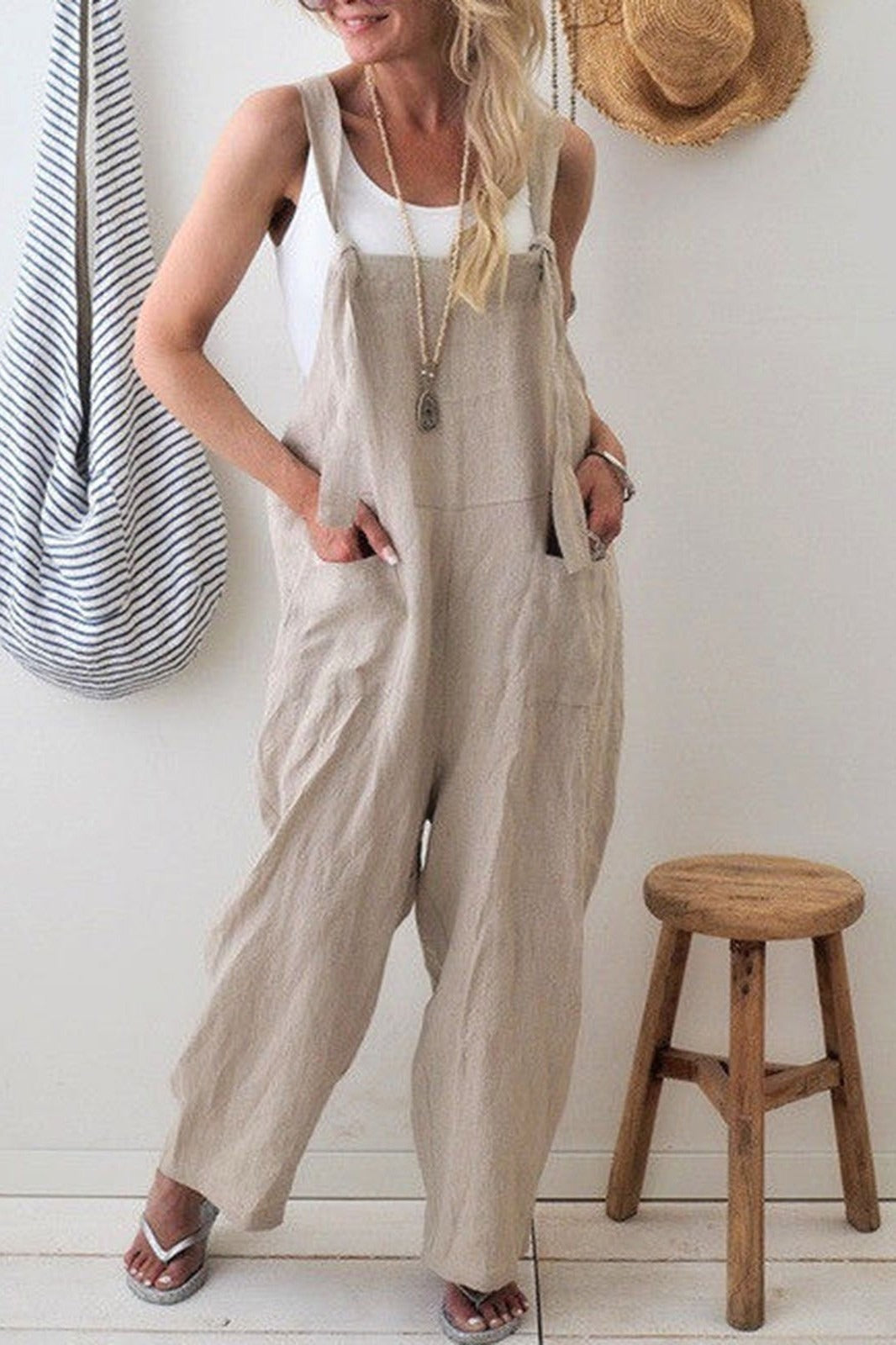 Women's Solid Color with Pockets Casual Wide Leg Jumpsuit