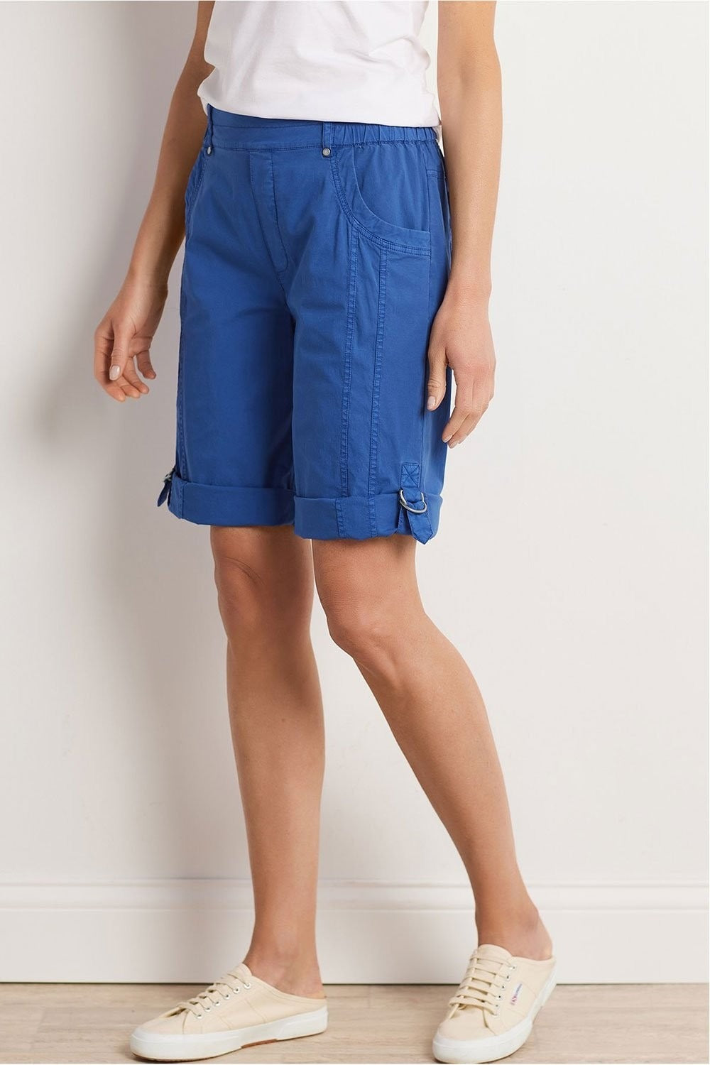 Side-seam Ring Tabs Flat Front Elastic Waistband Shorts