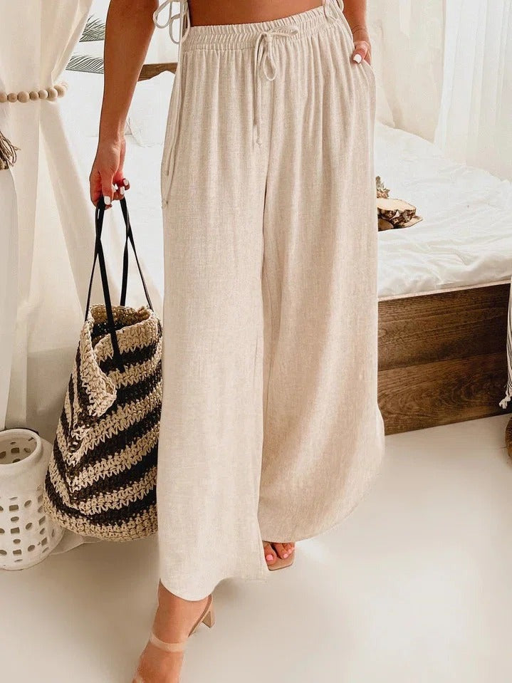 Solid Color with Pockets Sashes Wide Leg Pants