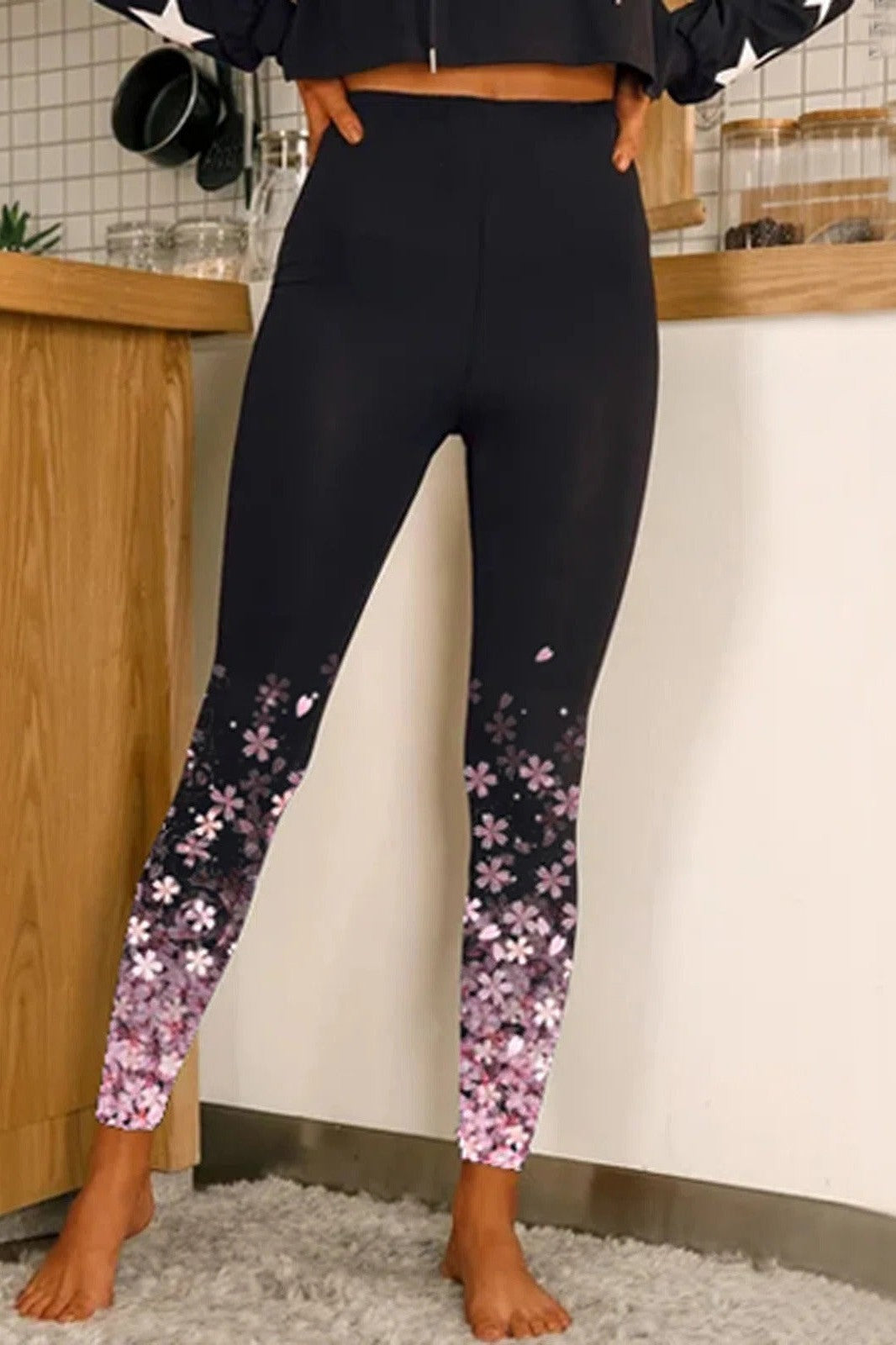 Cherry Blossom Print Casual Elastic Waist Leggings