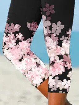 Cherry Blossom Print Casual Cropped Leggings