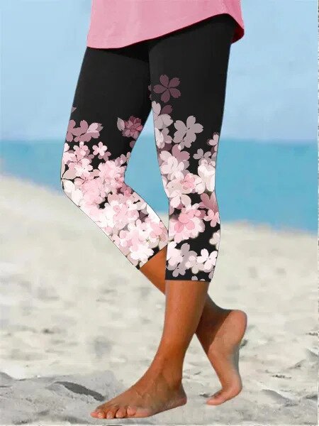 Cherry Blossom Print Casual Cropped Leggings