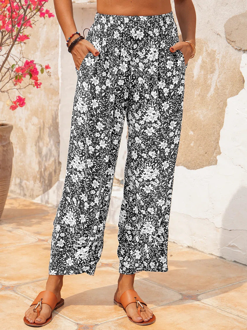 Floral Print with Pockets Elastic Waist Pants