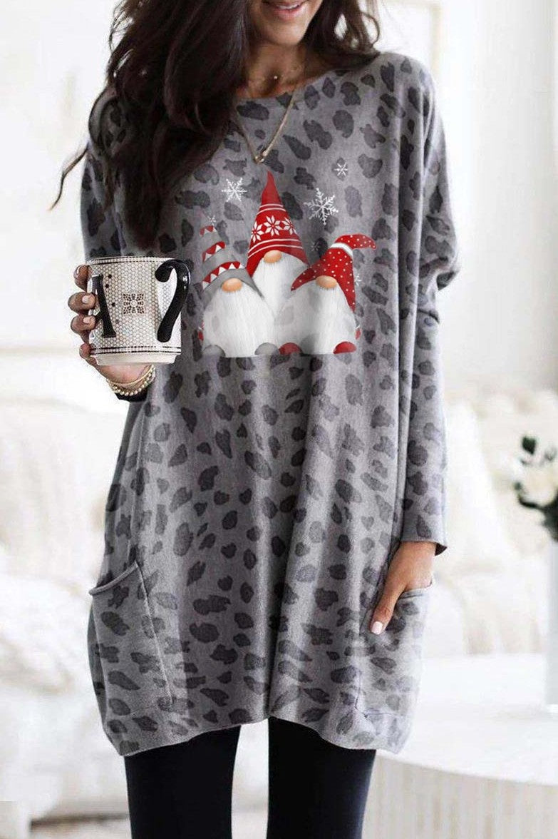 Christmas Gnomes Print Leopard Long Sleeves Sweatshirt