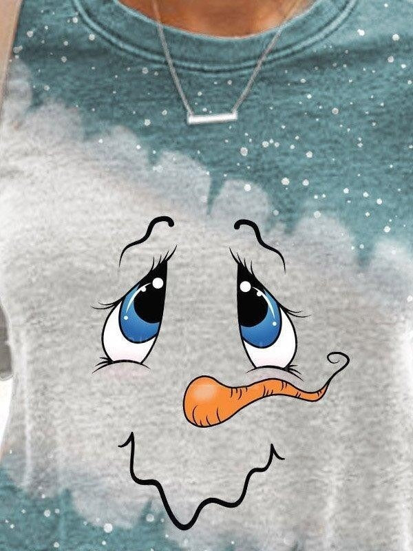 Cute Snowman Face Print Patchwork Casual Sweatshirt