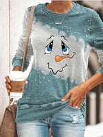 Cute Snowman Face Print Patchwork Casual Sweatshirt
