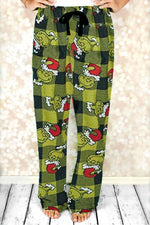 Christmas Grinch Print Plaid Elastic Waist Loose Pants