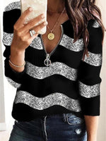 Geometric Print Casual Zipper V Neck Sweatshirt