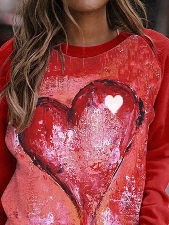 Casual Heart-shaped Color Block Long Sleeve Round Neck Sweatshirt