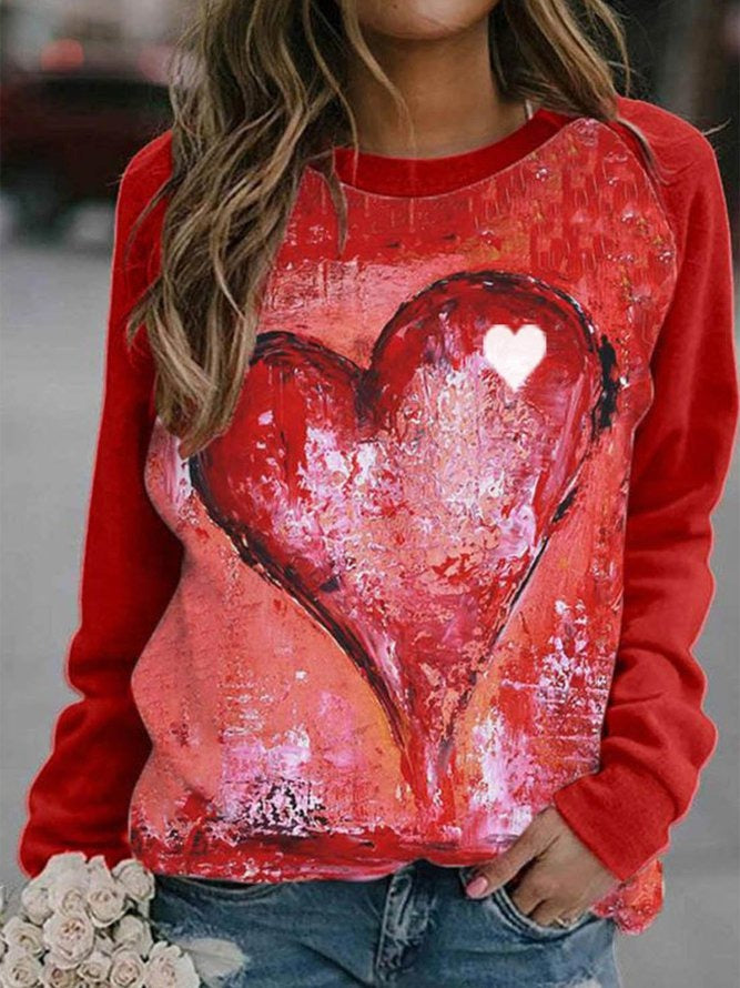 Casual Heart-shaped Color Block Long Sleeve Round Neck Sweatshirt